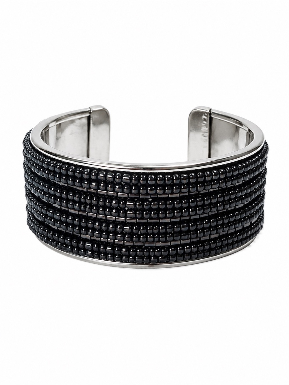 Wide Black Seed Bead Cuff Bracelet Silver Tone Open Cuff Statement Boho